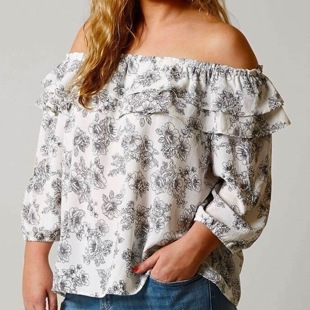 MAURICES Off-Shoulder Floral Boho Top | Medium | White & Black | Ruffle Neckline